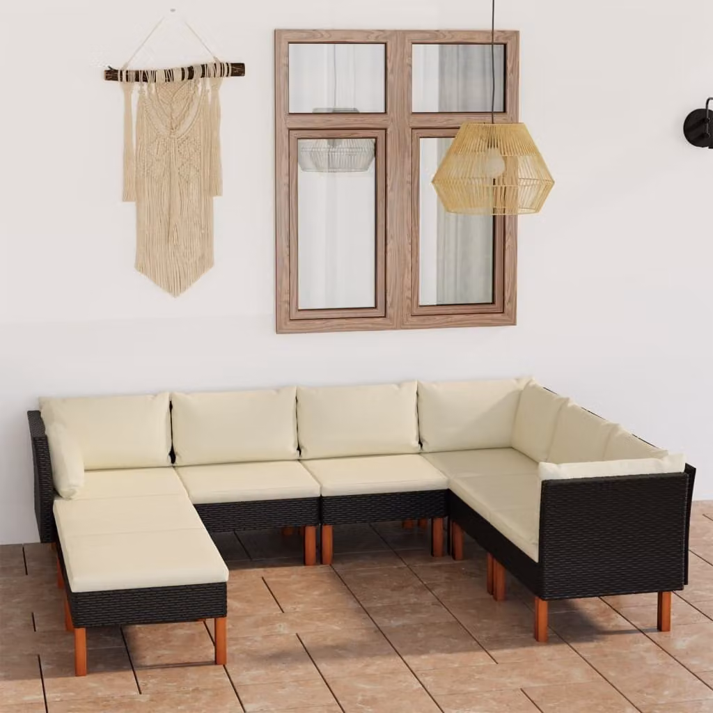 The Living Store Set salotto da giardino 8 pezzi con cuscini in poly rattan nero