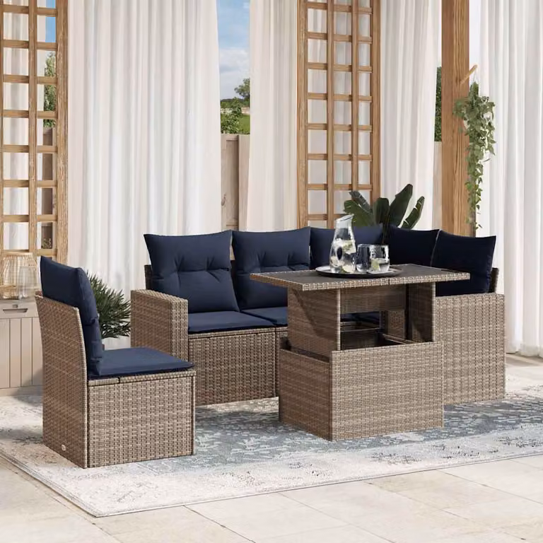 Set di divani da giardino vidaXL in polyrattan con cuscini grigi e blu, 6 pezzi
