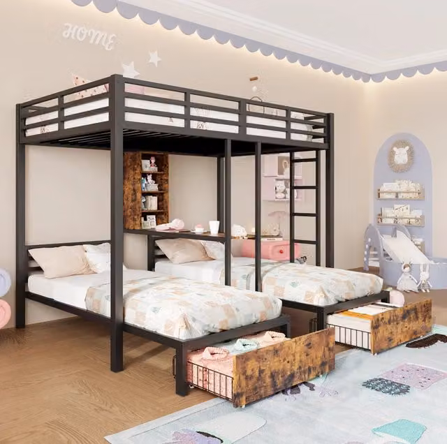 Letto a castello 3 posti con 2 cassetti e vani portaoggetti; 140 x 200 + 90 x 200 cm; nero