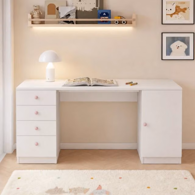 Scrivania per bambini MIVRAY con 4 cassetti e armadietto in MDF bianco o rosa L: 155 cm, P: 45 cm, H: 74 cm