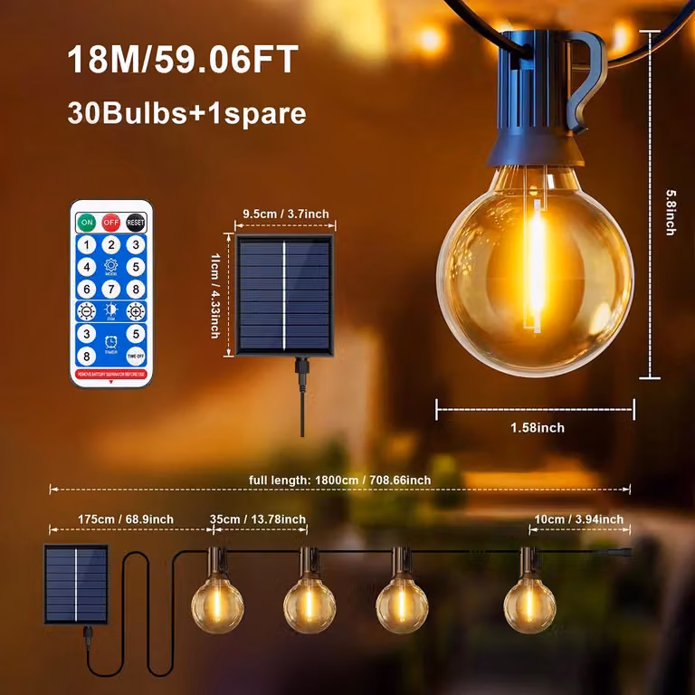 Catena luminosa a LED solare - G40 - 18 metri, 30 luci - Dimmerabile - 8 modalità di illuminazione - Telecomando - Grado di protezione IP44 (resistente all'acqua)