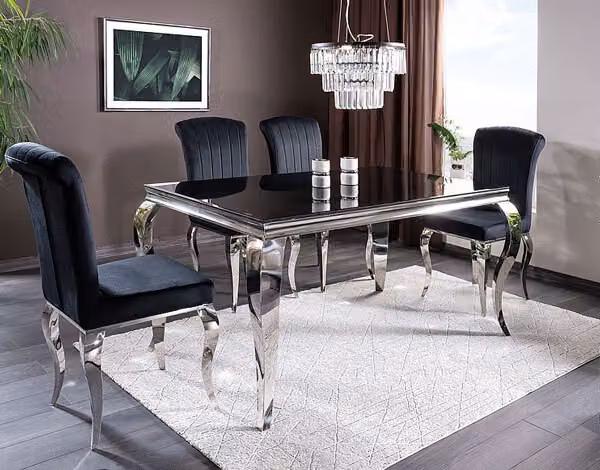 Set da pranzo Prince nero cromo barocco con 6 sedie