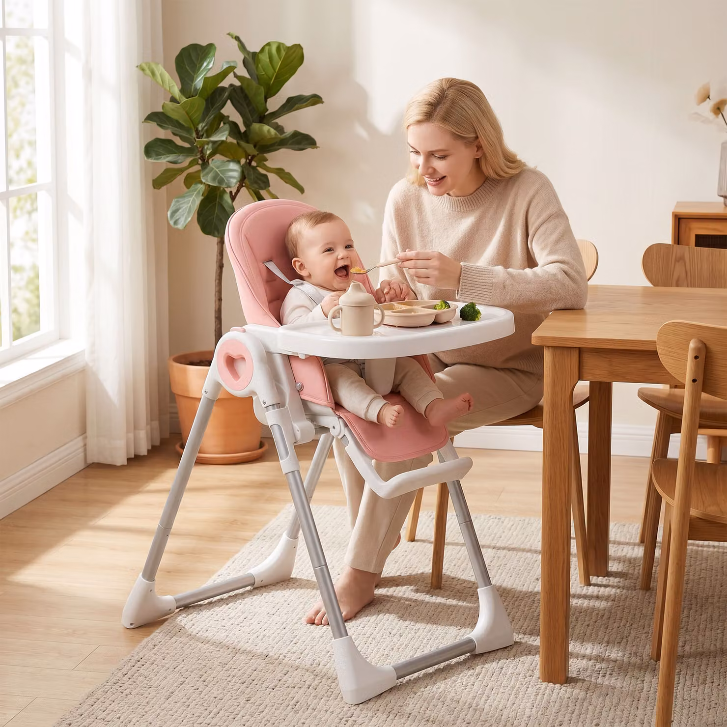 Seggiolone pappa pieghevole AIYAPLAY per bambini da 6 a 36 mesi con altezza regolabile, doppio vassoio lavabile e ruote, rosa – 2