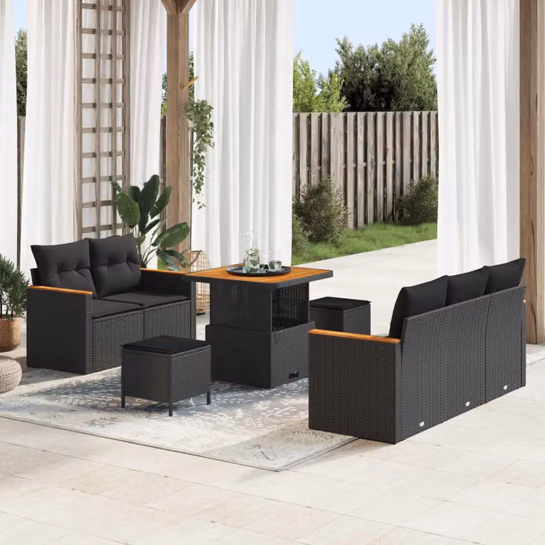 Set Divano da Giardino vidaXL 10 Pezzi Nero con Cuscini e Tavolino in Polyrattan e Acciaio