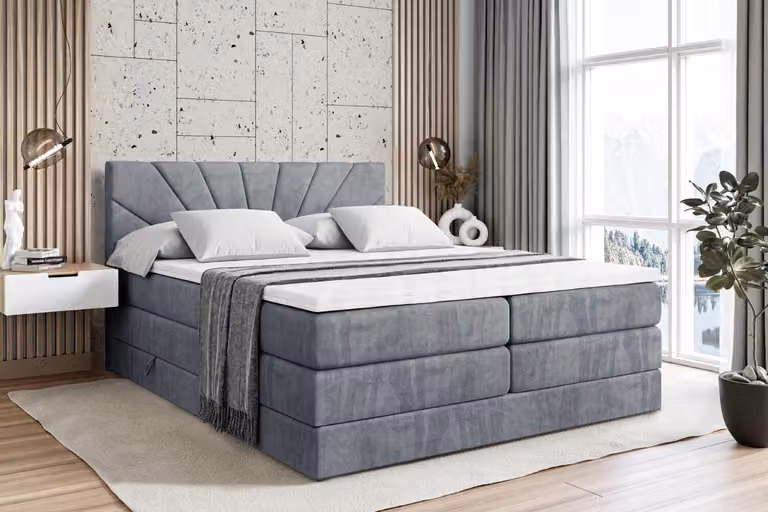 Letto boxspring ALTDECOR con 2 materassi e topper - 180x200 cm - MILTIO KING - Grigio velluto - Letto imbottito con materassi H3 e H4, contenitore e rete a doghe, letto con spazio contenitivo