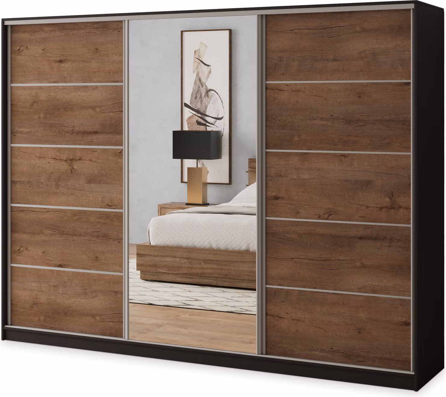 Armadio scorrevole Masseno NATA 270/205/58 cm Armadio con 4 cassetti Armadio per camera da letto a 3 ante con specchio Nero / Rovere Lefkas