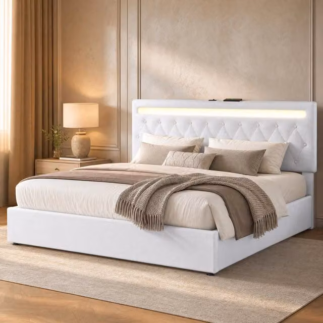 Letto matrimoniale 180x200 cm bianco in lino con vano contenitore idraulico, senza materasso