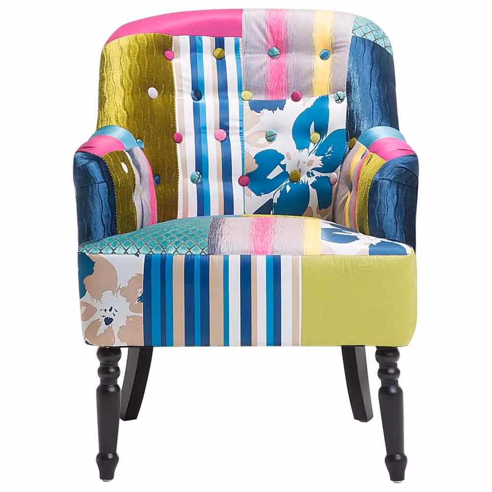 Poltrona Club Beliani in Tessuto Patchwork Multicolore Blu e Verde con Schienale Capitonné e Gambe in Legno di Betulla – 2