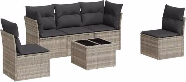 Set Divano da Giardino 6pz | Set Salotto da Giardino con Cuscini Grigio Chiaro Polyrattan