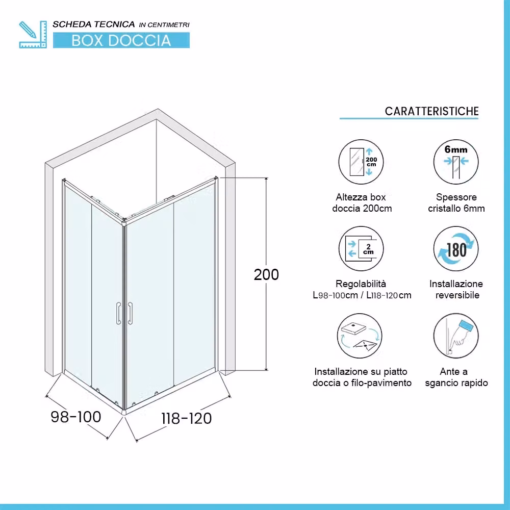 Box doccia angolare Ted con doppio sistema scorrevole in vetro trasparente L 120 cm x H 200 cm – 2