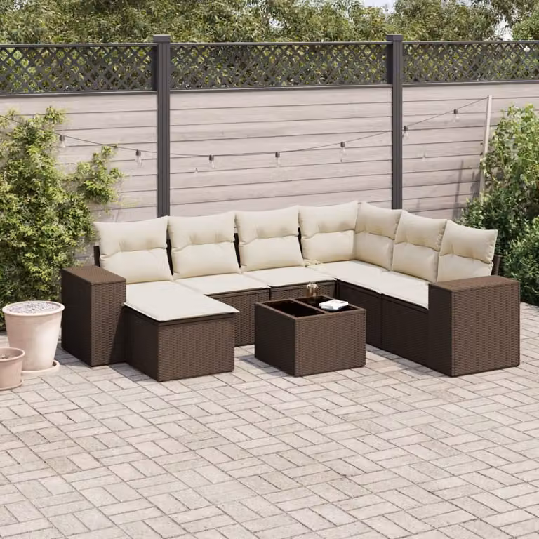 Set di divani da giardino vidaXL 8 pezzi in polyrattan marrone con cuscini bianchi e tavolino da esterno