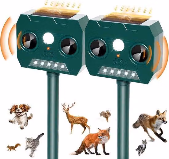 Sistema solare per allontanare gli animali, dotato di sensore di movimento e luce LED, con grado di protezione IP45 (resistente all'acqua)