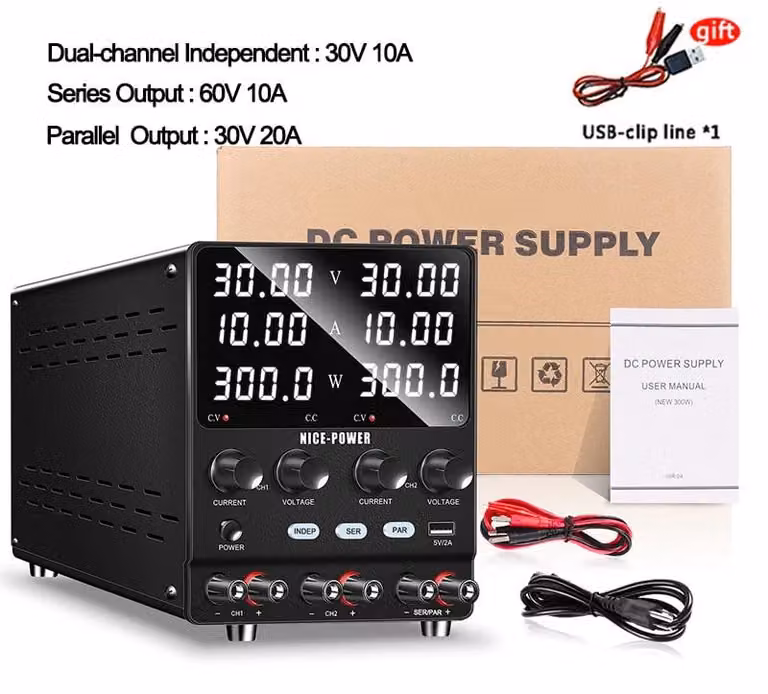 Alimentatore da laboratorio - SPS3010-2KD - 2 canali - 0–30 V - 0–10 A - Tensione e corrente regolabili - Possibilità di collegamento in serie e in parallelo - USB 5 V 2 A