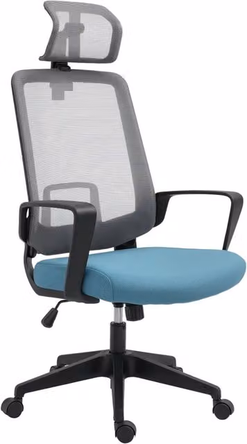 Sedia da Ufficio Ergonomica Minimal Blu e Grigio con Schienale in Rete e Poggiatesta L: 63,5 cm, P: 63 cm, H: 116,5-125,5 cm
