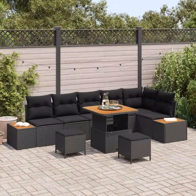 Set da giardino moderno vidaXL in polyrattan nero composto da 9 pezzi con divano a L, elementi angolari, pouf, tavolino da caffè e cuscini inclusi