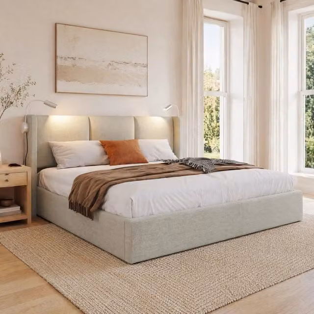 Letto imbottito REDOM beige con base contenitore a sollevamento, lampada da lettura integrata e porta USB, L/P/H: 206 x 140 x 107 cm – 1