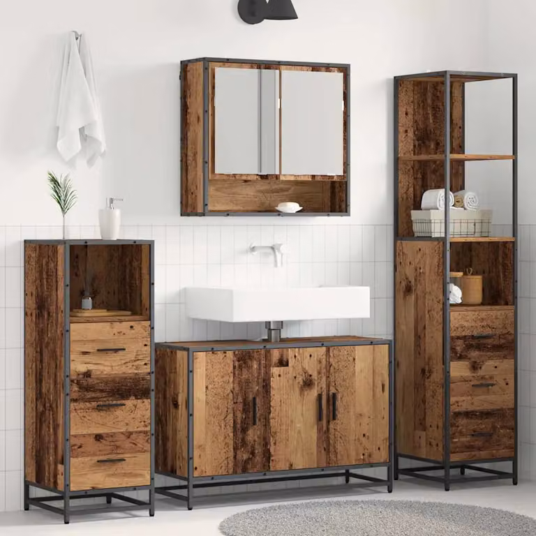Set di mobili per il bagno vidaXL in legno e metallo marrone, composto da armadietto con specchio, mobile lavabo, mobile laterale e colonna alta, L/P/H: 90 x 33 x 166 cm