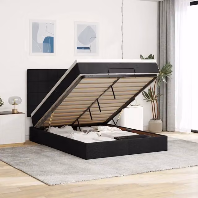 Letto con contenitore a sollevamento e materasso vidaXL in tessuto nero e bianco, L/P/H: 200 x 140 x 128 cm – 1
