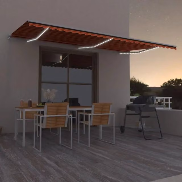 Tenda Retrattile Manuale Videx con LED in Poliestere e Alluminio, Colore Arancione e Marrone, L: 600 cm, H: 300 cm
