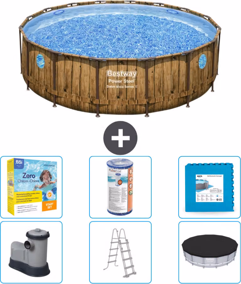 Piscina Bestway Round Power Steel Swim Vista - stampa su legno - 488 x 122 - compresa pompa - scaletta - copertura pacchetto manutenzione - filtro - pavimento in piastrelle