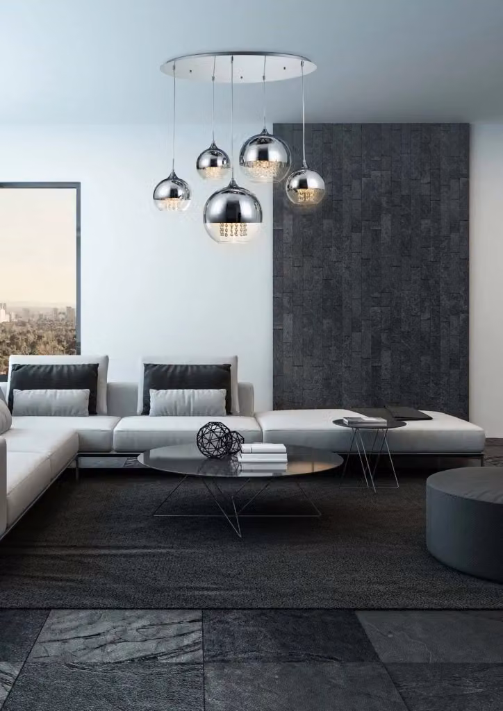 Lampadario a sospensione Maytoni Fermi con 5 luci in vetro e cristallo, colore argento e trasparente, regolabile in altezza e dimmerabile – 2