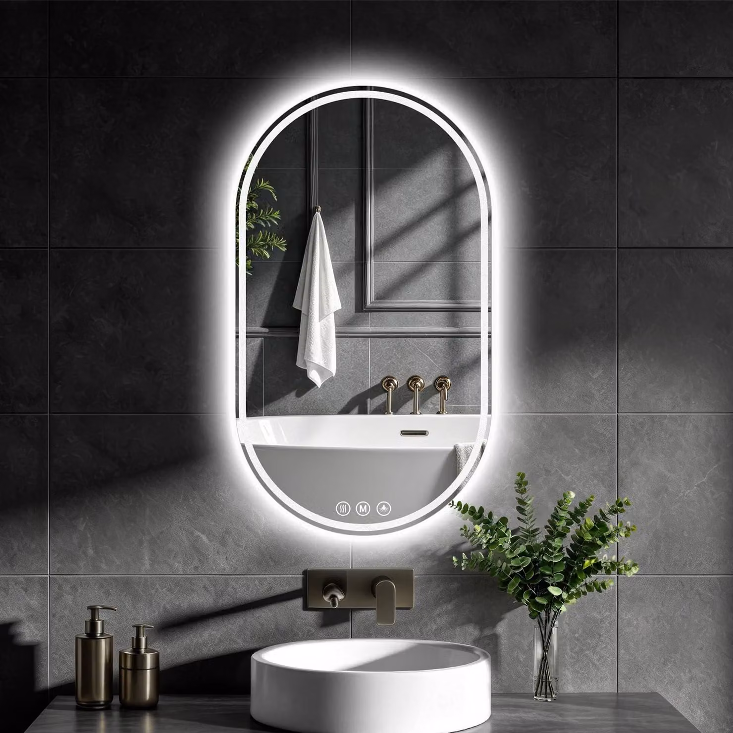 Specchio da bagno a LED, forma ovale, 70x40 cm, senza cornice, con funzione di regolazione dell'intensità luminosa e antigoccia