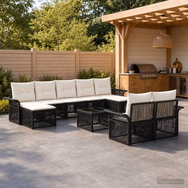 Set Divano da Giardino vidaXL 10 Pezzi L-Shape Nero con Polyrattan e Cuscini