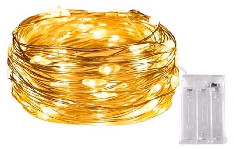 Catena luminosa in filo di rame, 2 metri, luce bianco caldo, alimentazione a batteria (3 batterie AA)