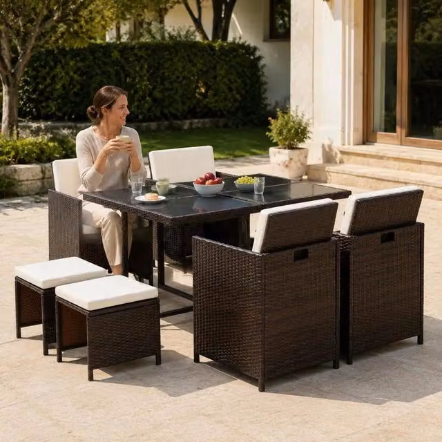 9-piece Garden Dining Set With Cushions, Poly Rattan, Brown