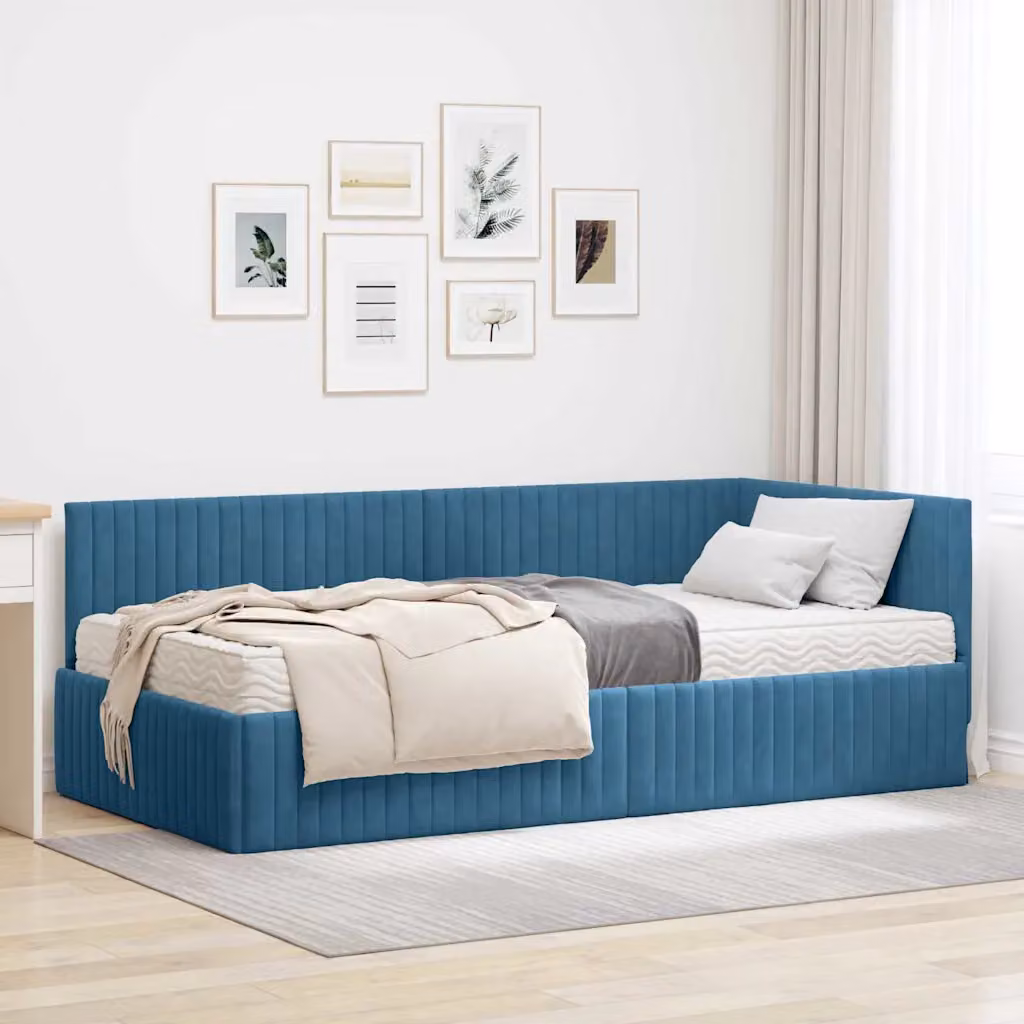 vidaXL Struttura Letto Angolare con 2 Materassi in Velluto Blu, L 90 x P 200 cm – 1