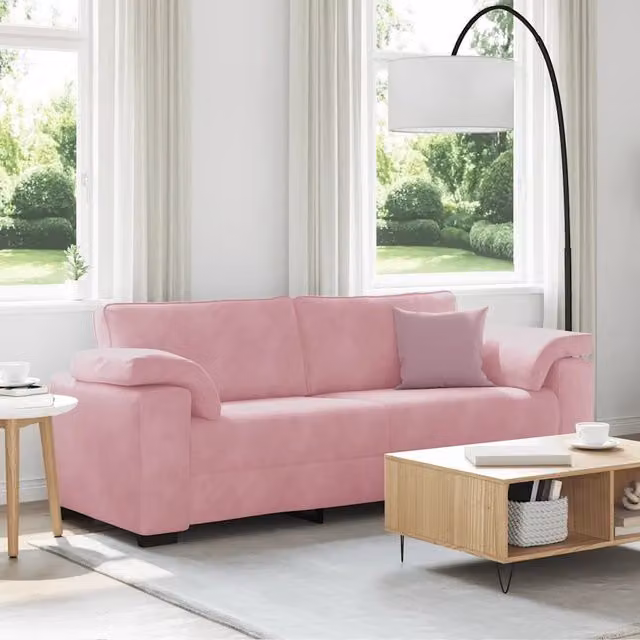 Divano a 3 posti moderno vidaXL in velluto rosa con cuscini inclusi L: 220 cm, P: 77 cm, H: 82 cm
