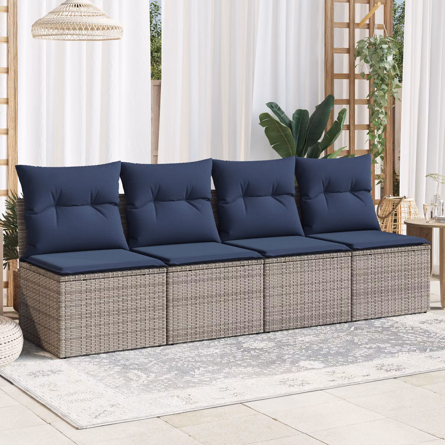 vidaXL Divano da Giardino Moderno a 4 Posti in Polyrattan con Cuscini Grigio e Blu