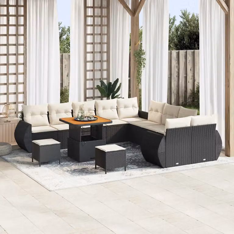 Set Divano da Giardino vidaXL a forma a U composto da 13 pezzi con cuscini in nero e struttura in metallo e legno di acacia