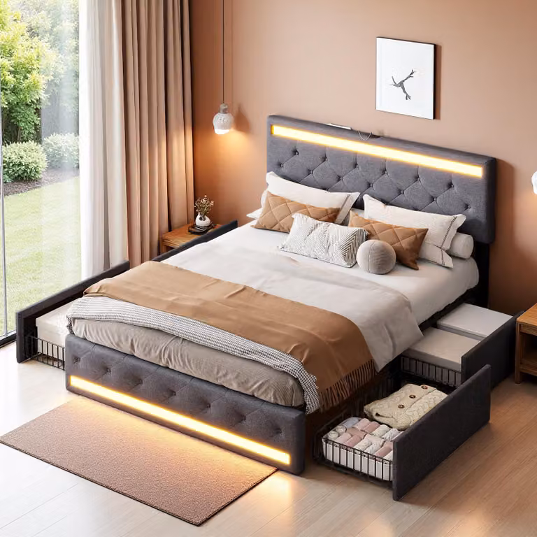 Letto matrimoniale INONEFT, 160 x 200 cm, con imbottitura, 4 cassetti e rete a doghe, letto per adulti con LED e USB, tessuto in lino, colore grigio scuro, senza materasso