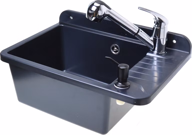 Aqbau Set di lavandino con rubinetto e dispenser di sapone, 505 mm, con miscelatore monocomando estraibile, nero granito
