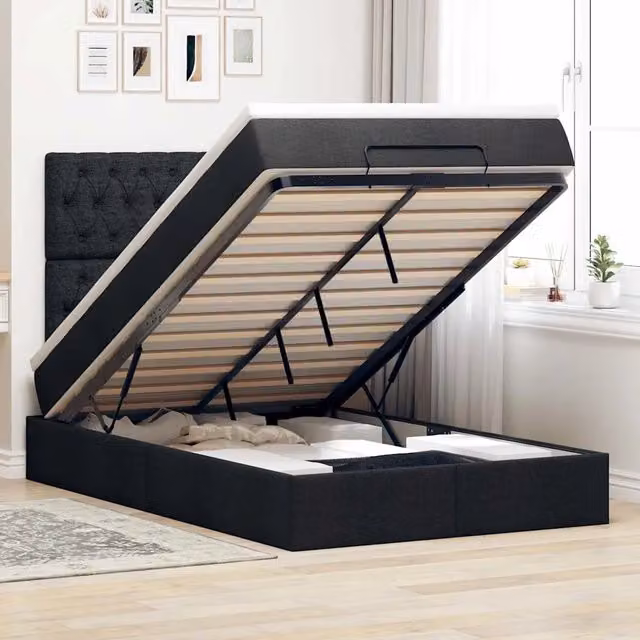 Letto moderno vidaXL con contenitore a sollevamento, illuminazione sottostante e porta di ricarica USB, bianco e nero, L/P/H: 200 x 120 x 193 cm – 1