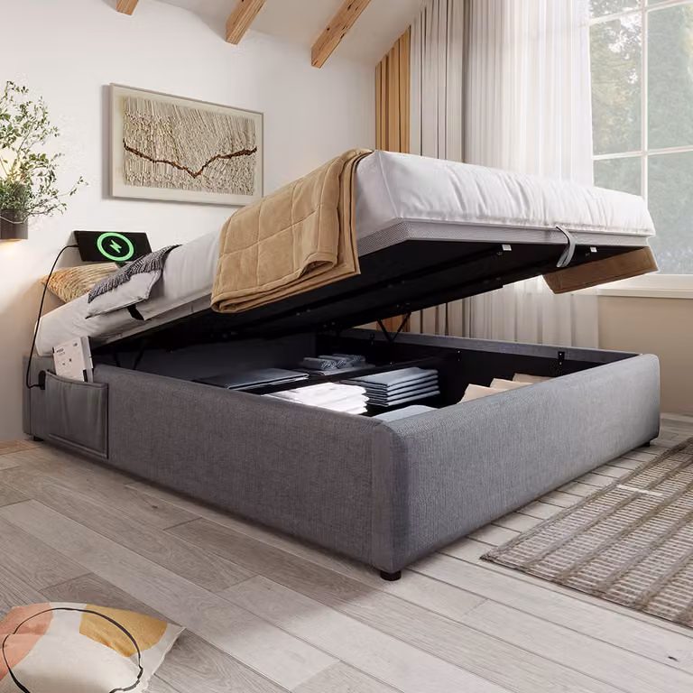 Letto imbottito Sweiko, letto matrimoniale 140×200 cm, letto contenitore, struttura letto con USB-C e rete a doghe a superficie intera, senza testata, cotone, grigio, senza materasso