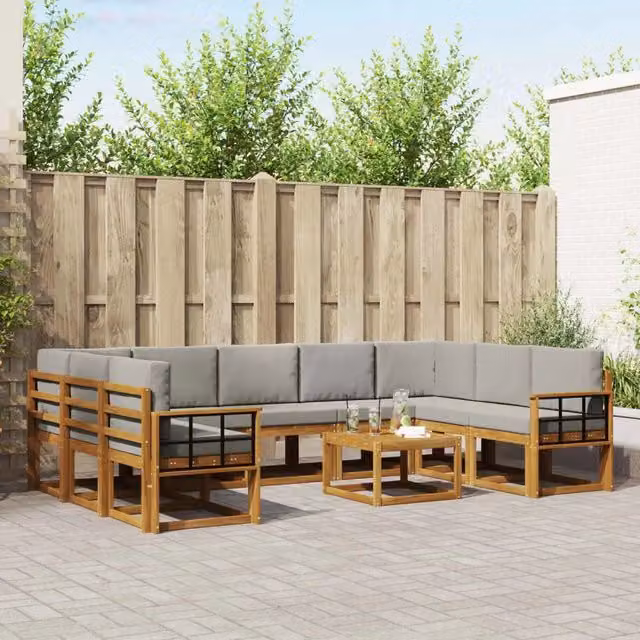 Set di divani da esterno a forma di U vidaXL in legno di acacia con cuscini inclusi, colore grigio e marrone – 1