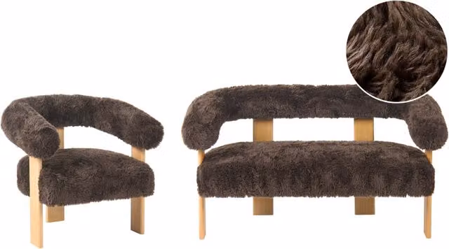 Set da salotto divano a 2 posti poltrona imbottita bouclé marrone scuro e marrone chiaro stile retrò soggiorno