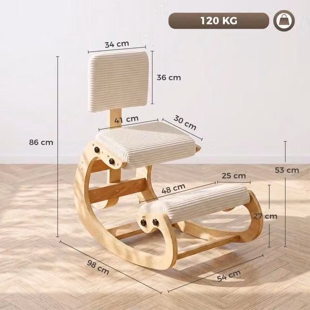 Sedia ergonomica inginocchiata 98x54x86 cm in poliestere e legno crema –