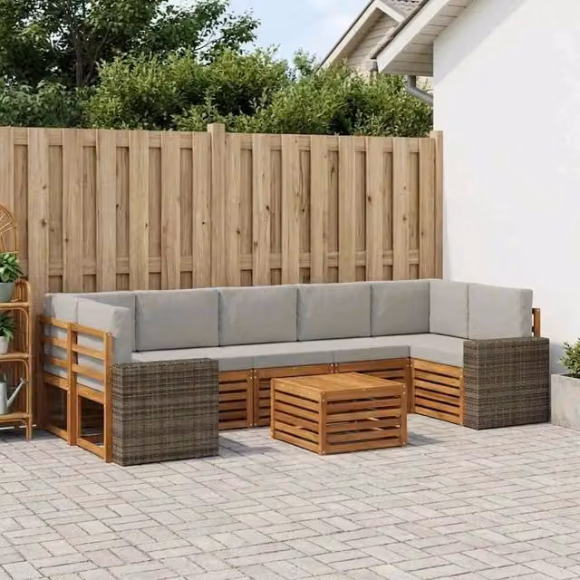 Set di divani da esterno 8 pezzi vidaXL in rattan e legno di acacia, colore grigio e naturale, ideale per giardino e terrazzo – 1