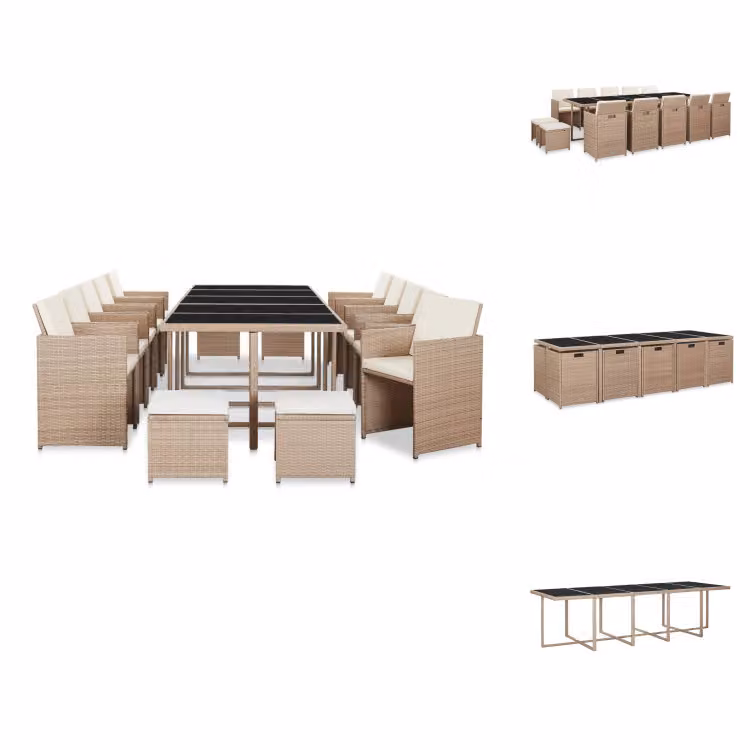 vidaXL Set da pranzo da giardino 15 pezzi con cuscini in rattan sintetico beige - Set di mobili da giardino