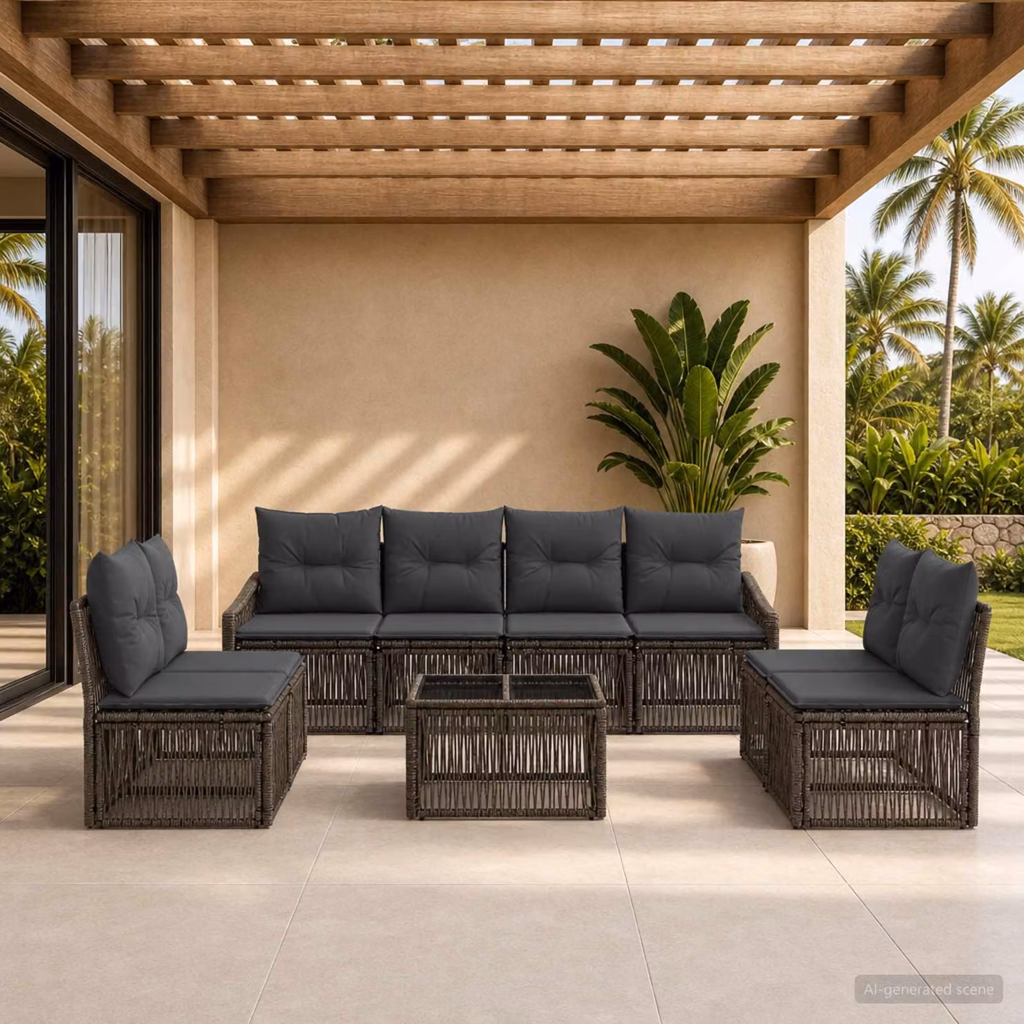 Set Divano da Giardino vidaXL 9 pz Grigio con Cuscini e Tavolino in Polyrattan e Acciaio