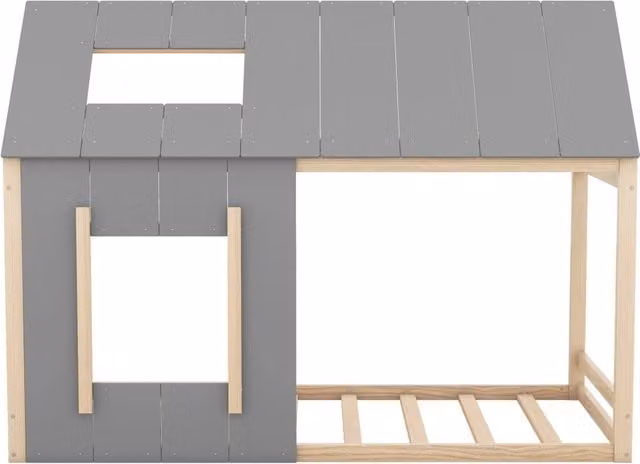 Letto singolo per bambini 90x200 cm a forma di casa con tetto e finestra, legno naturale e grigio