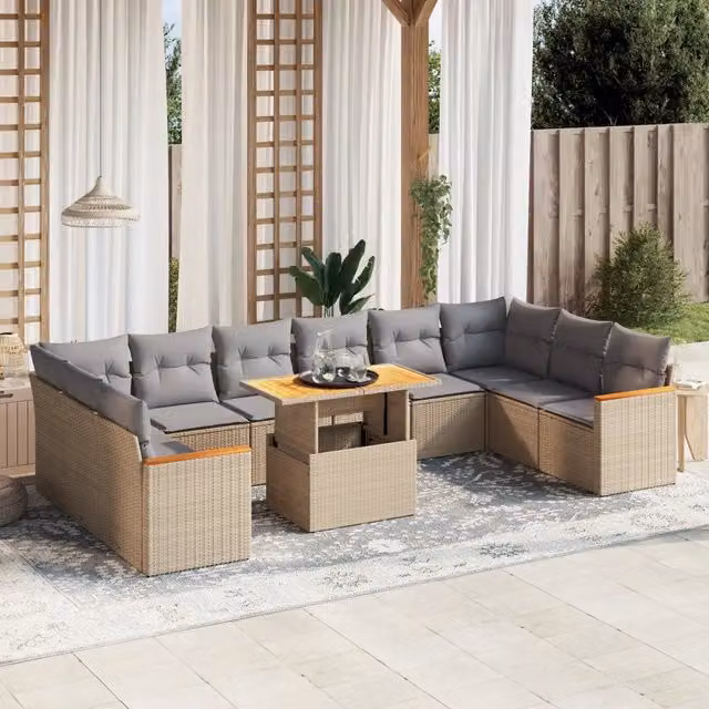 Set di divani da giardino VIDAXL a forma di U in polyrattan con cuscini beige e grigi, composto da 11 pezzi