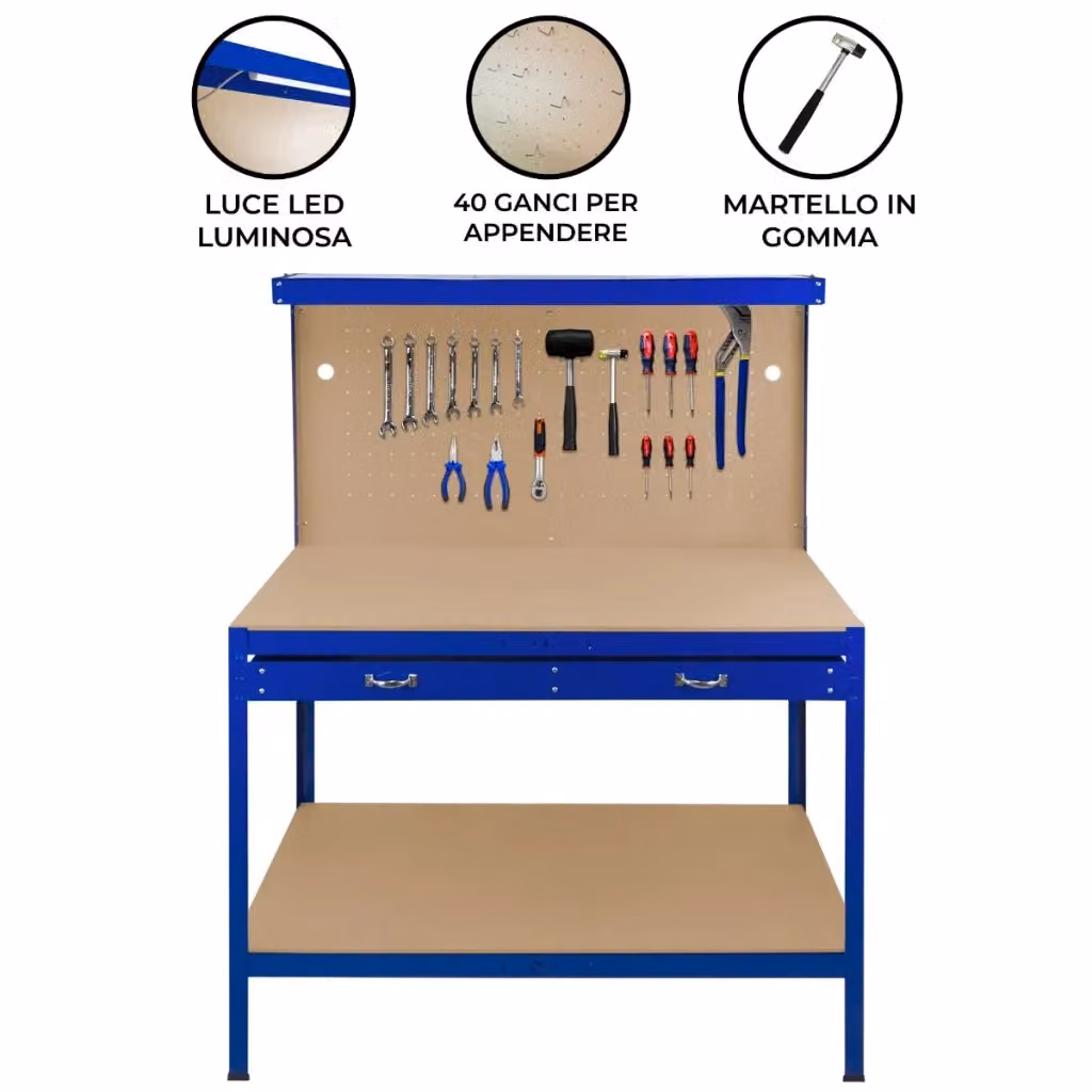 Banco da lavoro con cassetti e pannello forato Monster Shop Blu L: 120 cm, P: 60 cm, H: 155 cm, capacità di carico 200 kg – 2