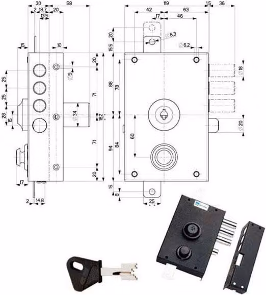 Serratura Mottura Sic.Triplice Dx Pompa 30030 in metallo nero
