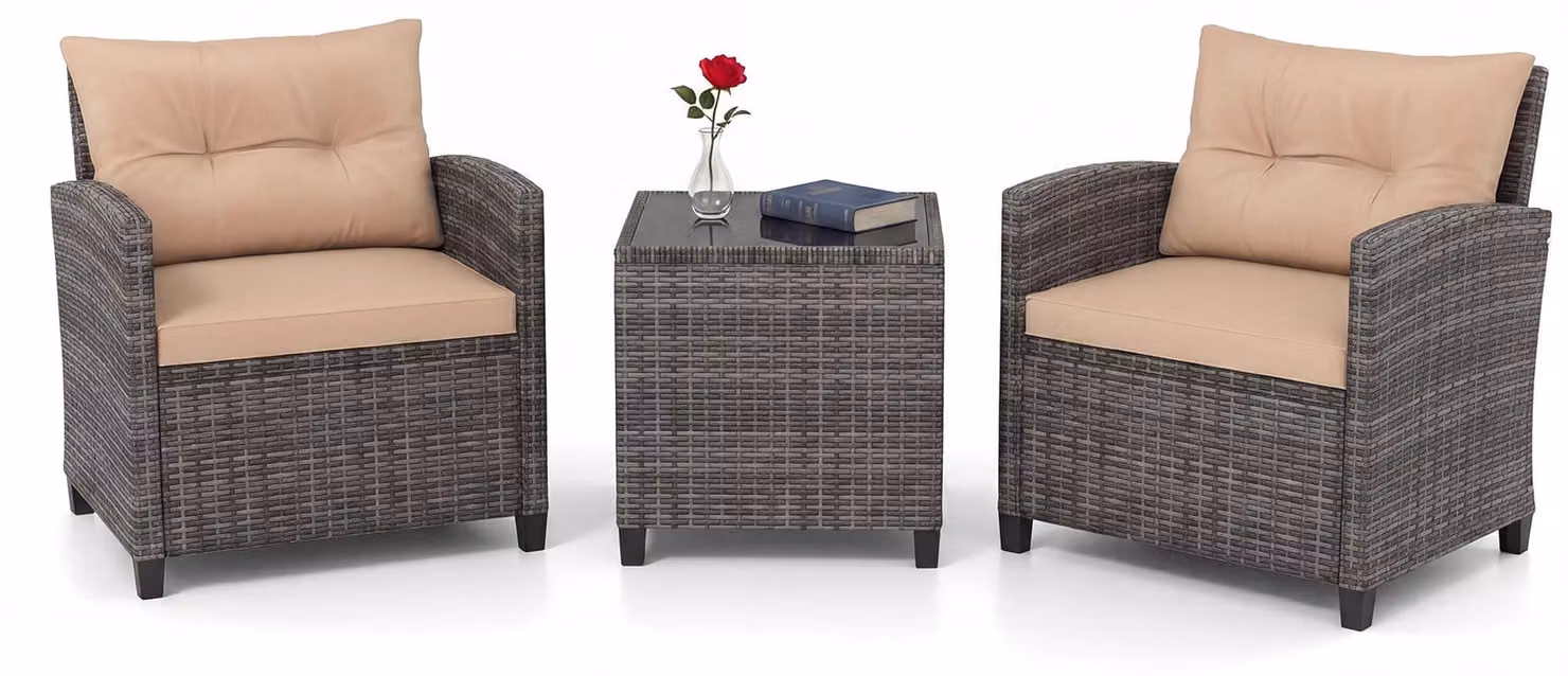 Set di mobili da giardino in rattan KOMFOTTEU, set di mobili da lounge per esterni con 2 poltrone, 1 tavolino, cuscini per seduta e schienale, mobili per balconi piccoli, mobili da lounge per giardino, mobili per terrazza per 2 persone