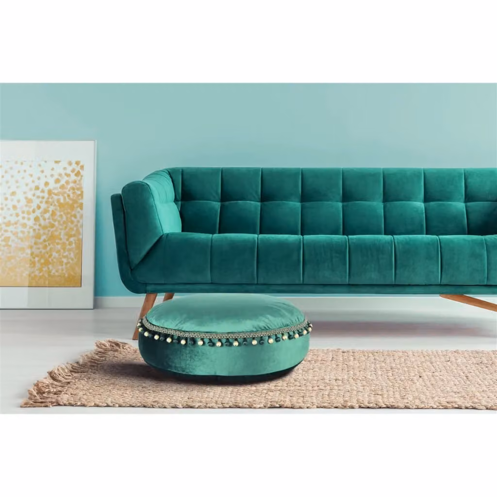 Pouf Rotondo Taj Mahal in Velluto Verde con Pompom di KENDRA HOME – 2