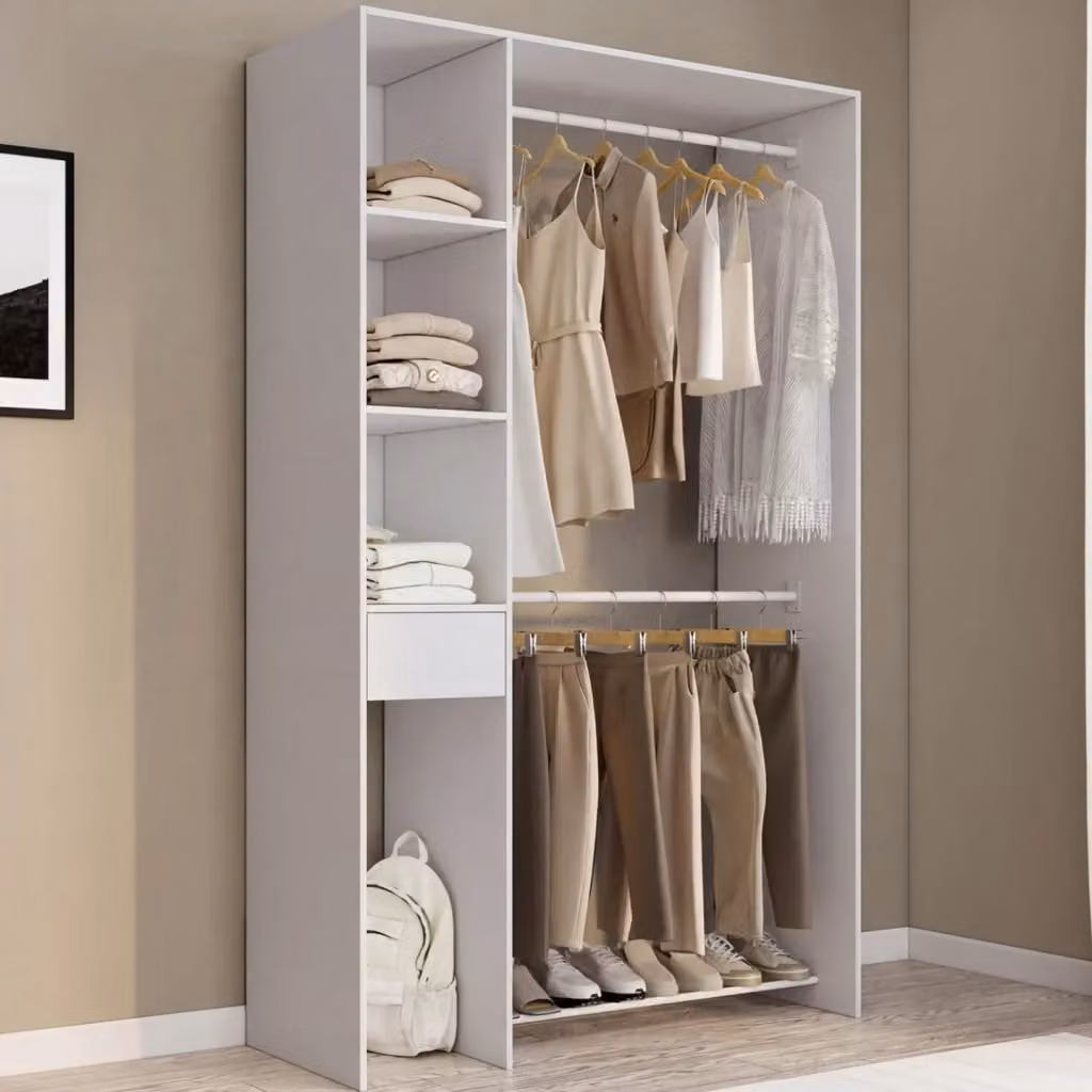 Cabina armadio doppia MIRTY IDMarket bianca con ripiani, cassetto e vano porta scarpe, L: 110 cm, H: 175 cm, P: 40 cm – 2